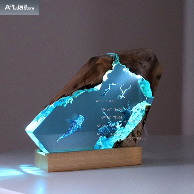 Resin Art Ocean - Lampada Notturna in Resina e Legno,